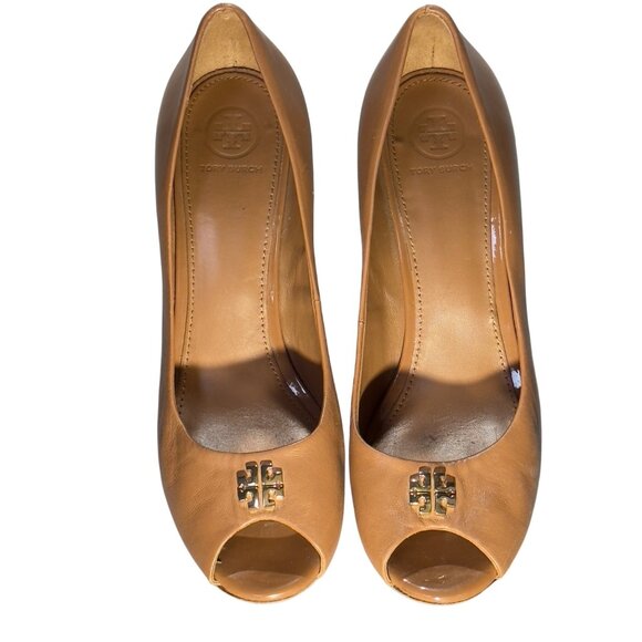TORY BURCH Jolie Women's Tan Leather Peep Toe Wedge Heels Size 9.5M - Picture 10 of 10